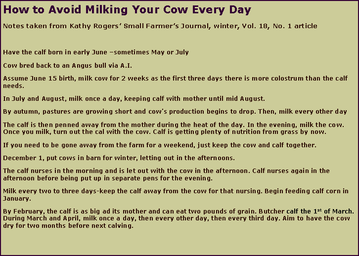 Text Box: How to Avoid Milking Your Cow Every DayNotes taken from Kathy Rogers Small Farmers Journal, winter, Vol. 18, No. 1 articleHave the calf born in early June sometimes May or JulyCow bred back to an Angus bull via A.I.Assume June 15 birth, milk cow for 2 weeks as the first three days there is more colostrum than the calf needs.In July and August, milk once a day, keeping calf with mother until mid August.By autumn, pastures are growing short and cows production begins to drop. Then, milk every other dayThe calf is then penned away from the mother during the heat of the day. In the evening, milk the cow. Once you milk, turn out the cal with the cow. Calf is getting plenty of nutrition from grass by now.If you need to be gone away from the farm for a weekend, just keep the cow and calf together.December 1, put cows in barn for winter, letting out in the afternoons.The calf nurses in the morning and is let out with the cow in the afternoon. Calf nurses again in the afternoon before being put up in separate pens for the evening. Milk every two to three days-keep the calf away from the cow for that nursing. Begin feeding calf corn in January.By February, the calf is as big ad its mother and can eat two pounds of grain. Butcher calf the 1st of March. During March and April, milk once a day, then every other day, then every third day. Aim to have the cow dry for two months before next calving. 
